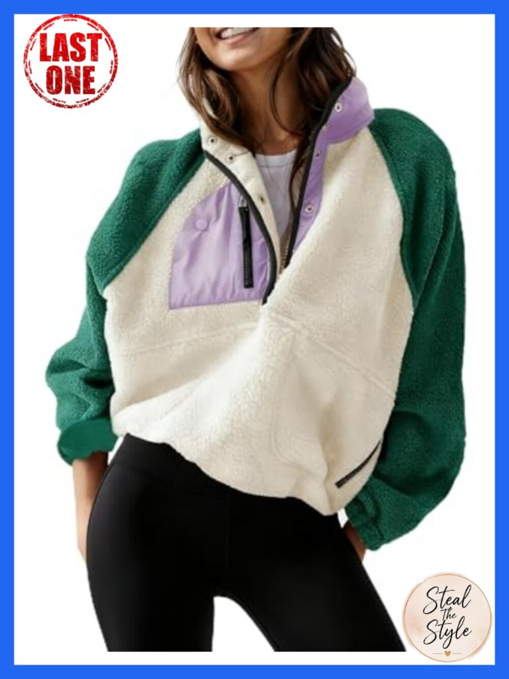 Women's Fuzzy Fleece Cropped Pullover Jacket Snap Button Zipper Pockets